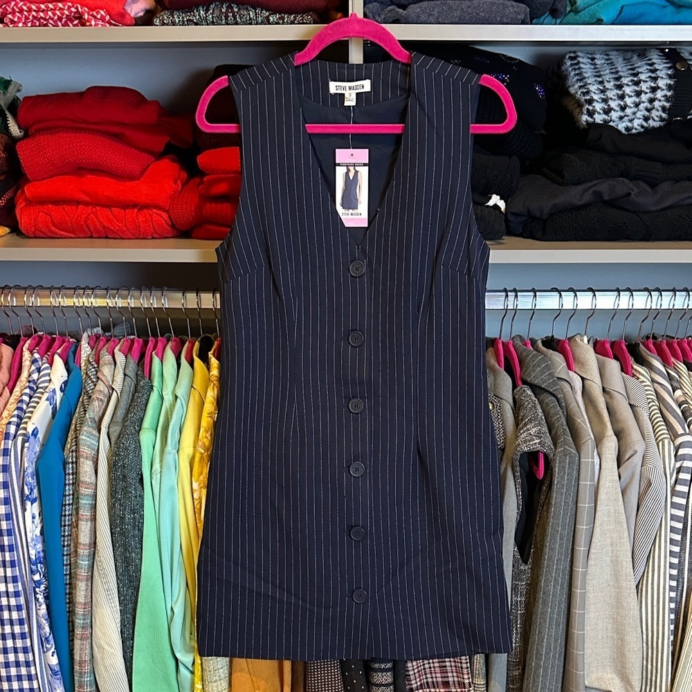 Steve Madden blue/white pinstripe sleeveless button down v neck dress size S NWT